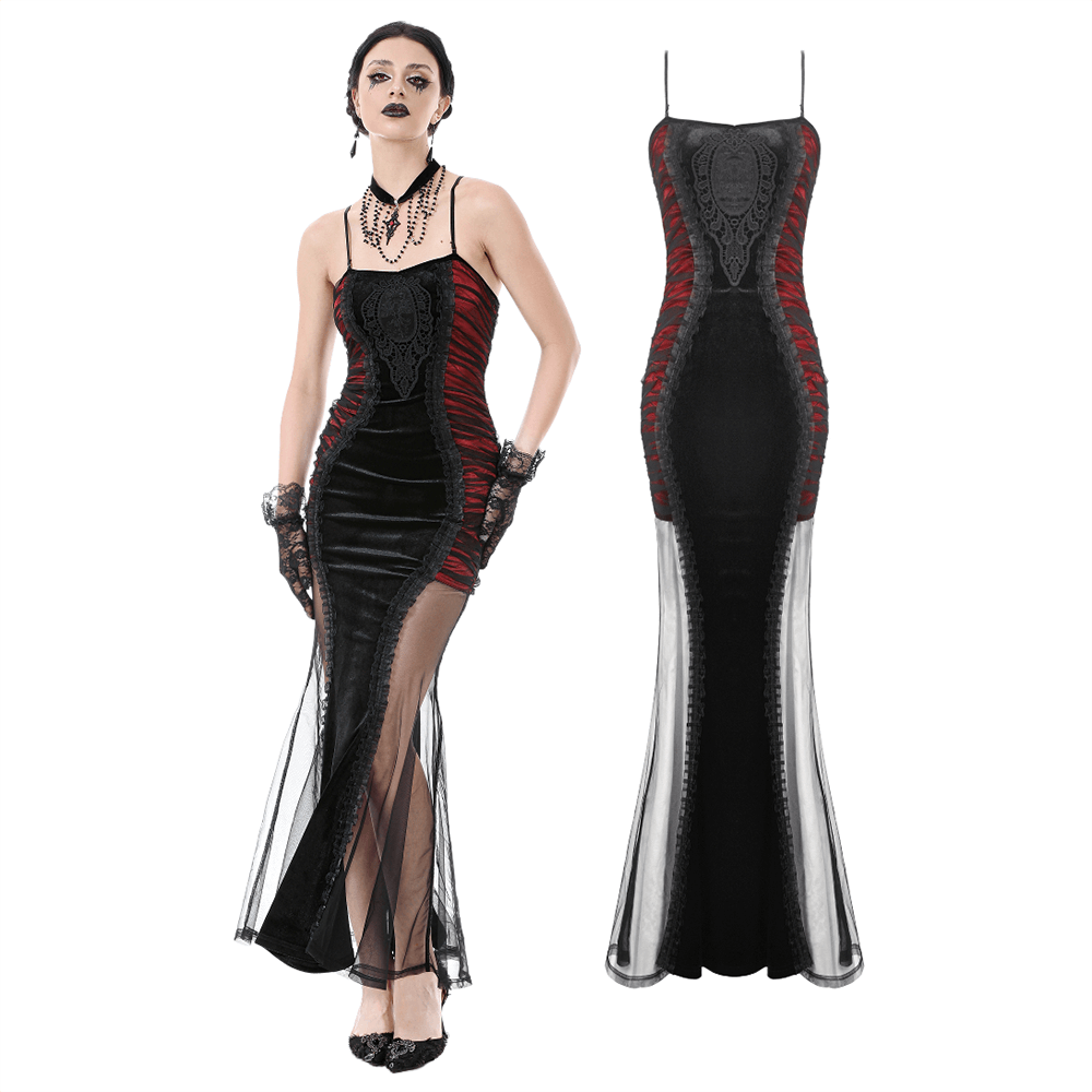 Black and Red Gothic Lace-Up Maxi Dress with Sheer Sides