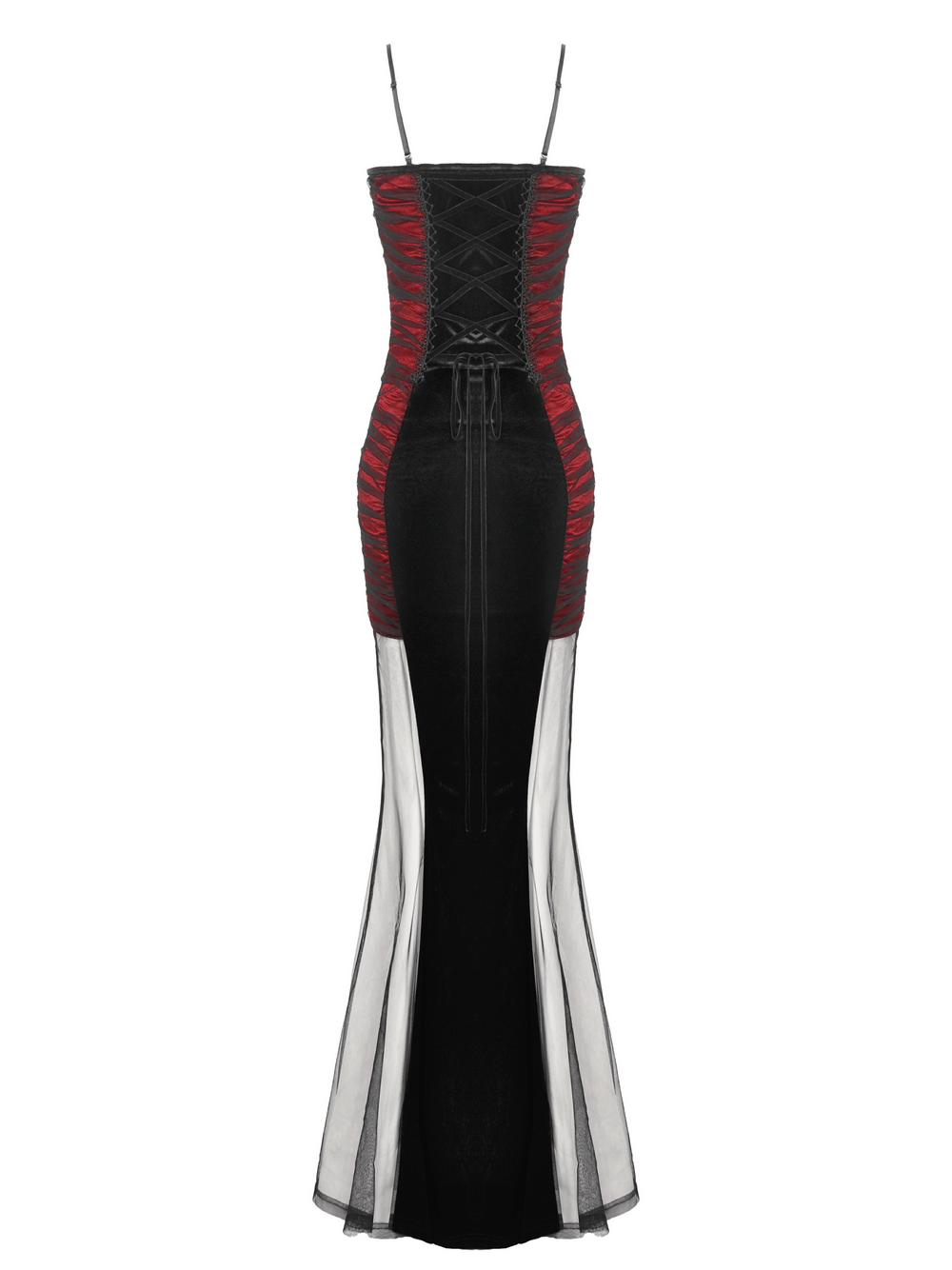 Black and Red Gothic Lace-Up Maxi Dress with Sheer Sides