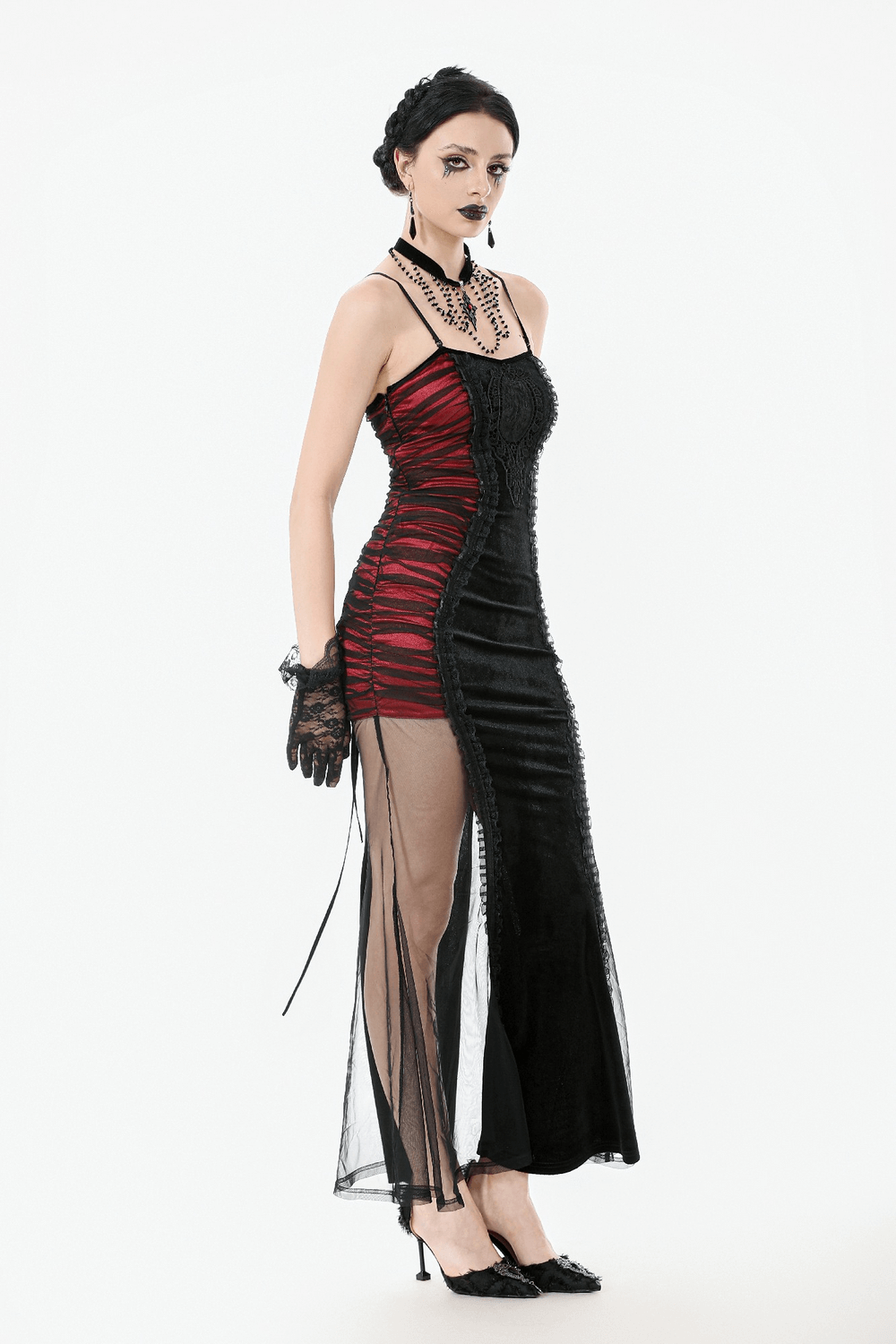 Black and Red Gothic Lace-Up Maxi Dress with Sheer Sides