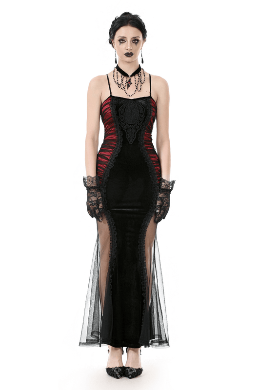 Black and Red Gothic Lace-Up Maxi Dress with Sheer Sides