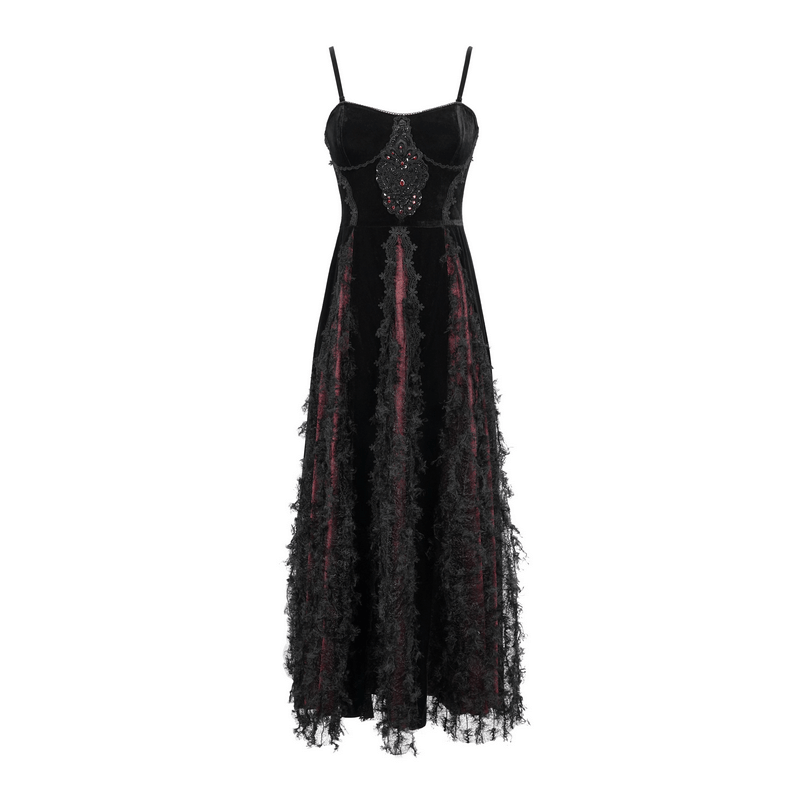 Black And Red Gothic Velvet Long Dress / Women's Lace Dress with Lacing at The Back