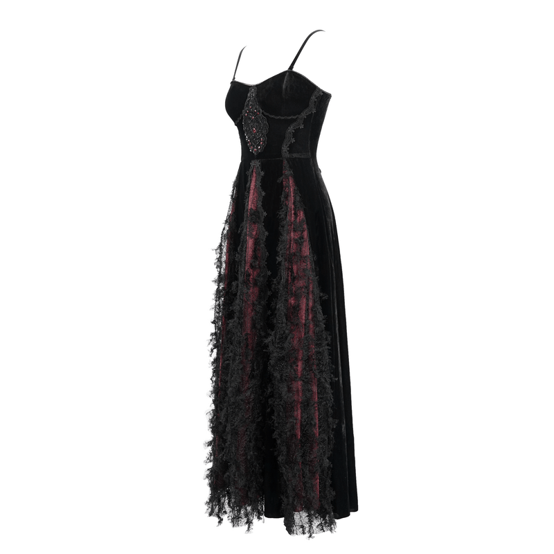 Black And Red Gothic Velvet Long Dress / Women's Lace Dress with Lacing at The Back