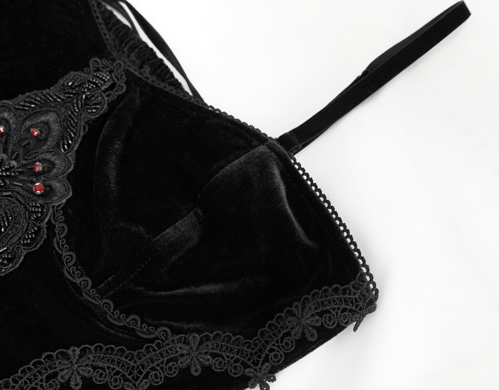 Black And Red Gothic Velvet Long Dress / Women's Lace Dress with Lacing at The Back