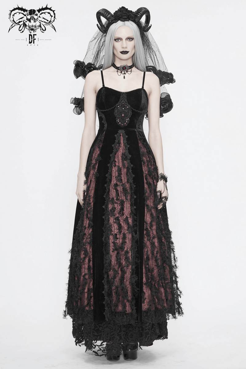 Black And Red Gothic Velvet Long Dress / Women's Lace Dress with Lacing at The Back