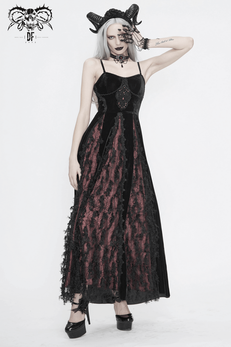 Black And Red Gothic Velvet Long Dress / Women's Lace Dress with Lacing at The Back