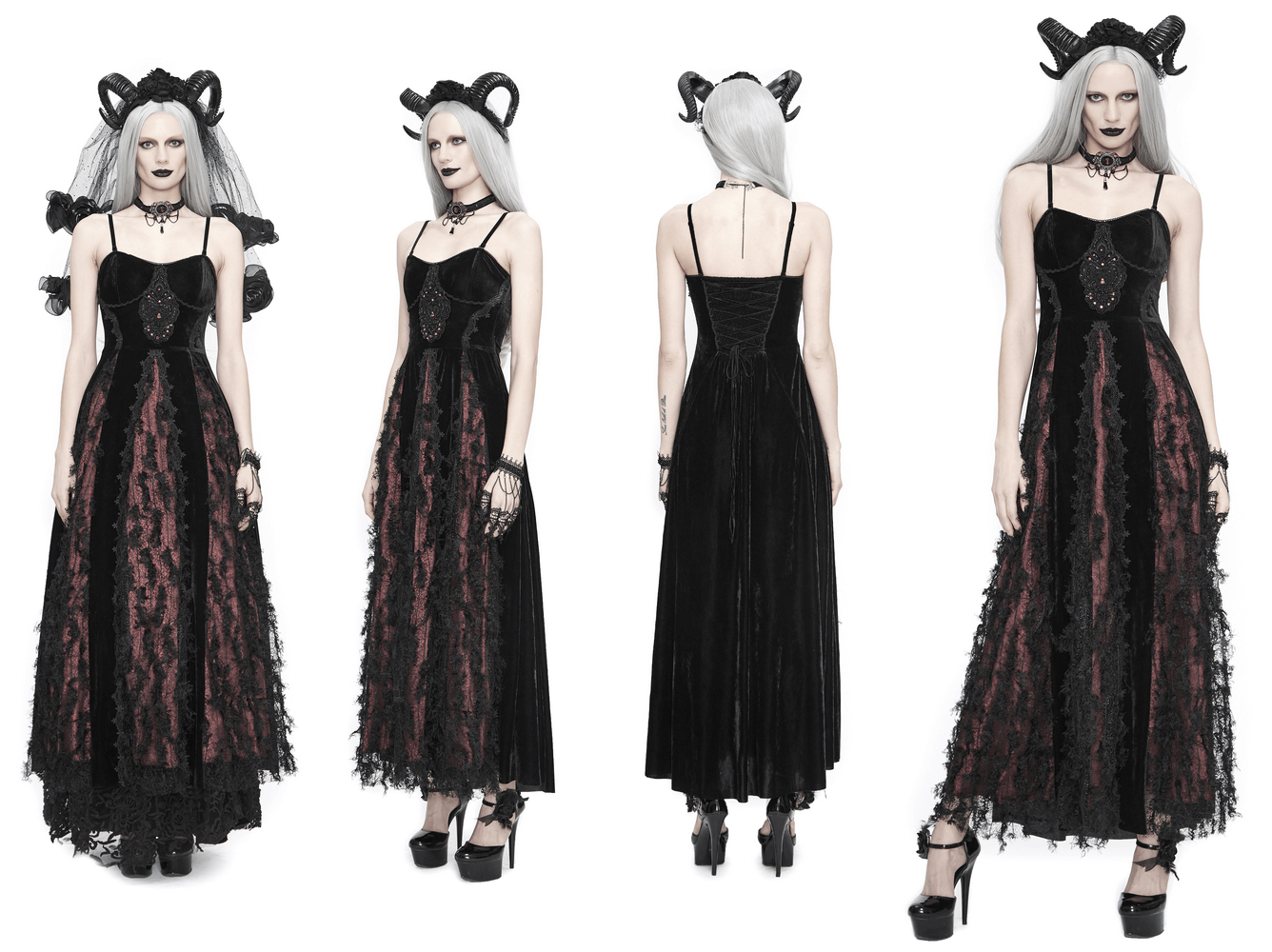 Black And Red Gothic Velvet Long Dress / Women's Lace Dress with Lacing at The Back