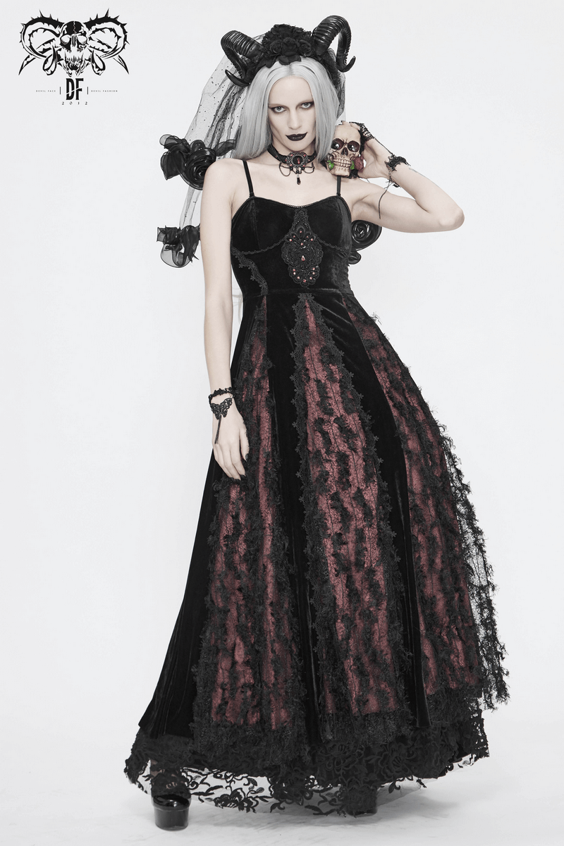 Black And Red Gothic Velvet Long Dress / Women's Lace Dress with Lacing at The Back