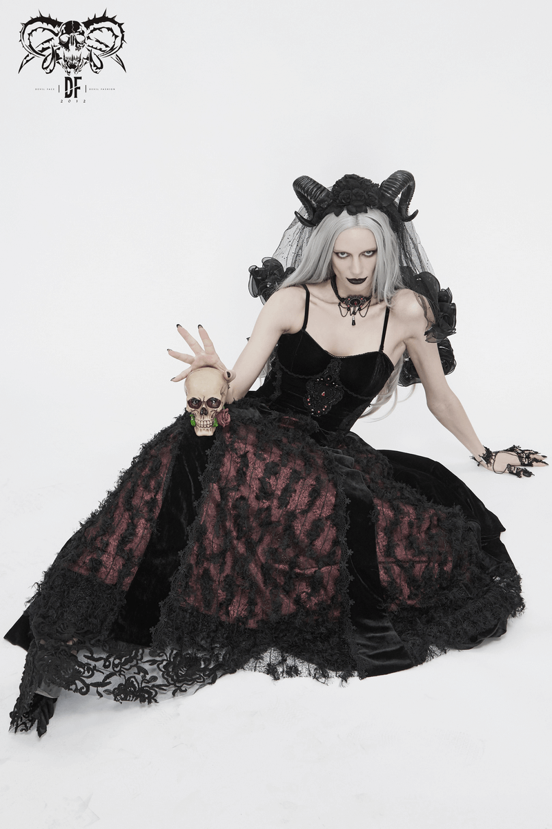 Black And Red Gothic Velvet Long Dress / Women's Lace Dress with Lacing at The Back