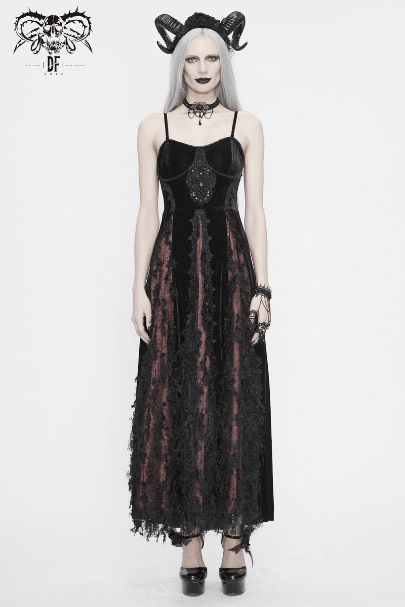 Black And Red Gothic Velvet Long Dress / Women's Lace Dress with Lacing at The Back