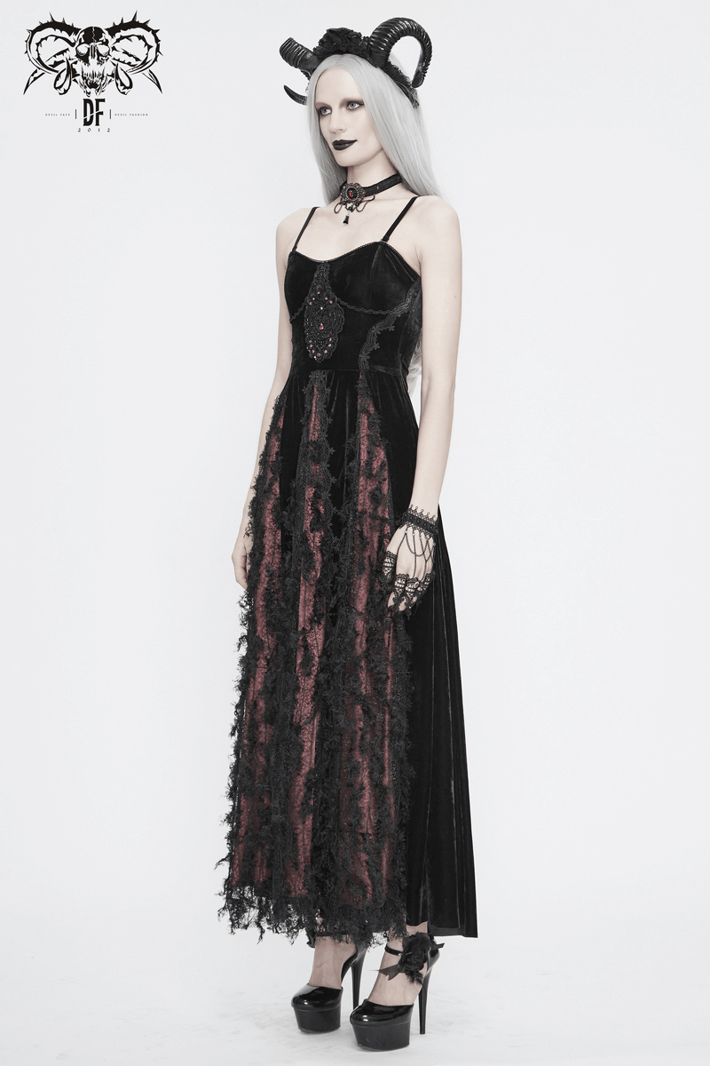 Black And Red Gothic Velvet Long Dress / Women's Lace Dress with Lacing at The Back