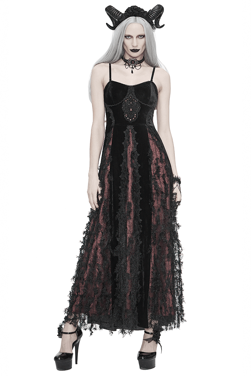 Black And Red Gothic Velvet Long Dress / Women's Lace Dress with Lacing at The Back