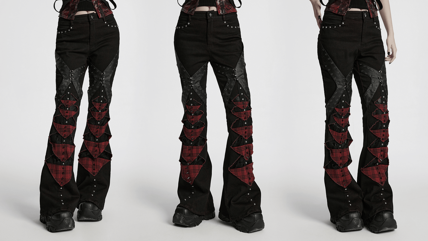 Black and Red Plaid Gothic Flared Pants with Studs