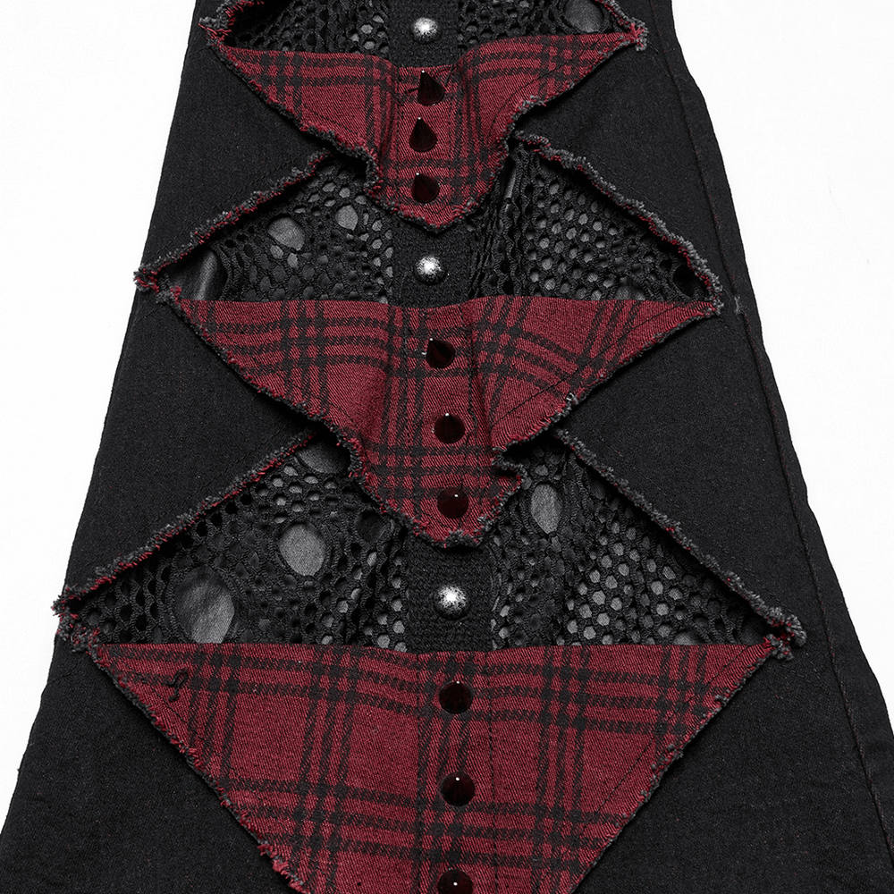 Black and Red Plaid Gothic Flared Pants with Studs