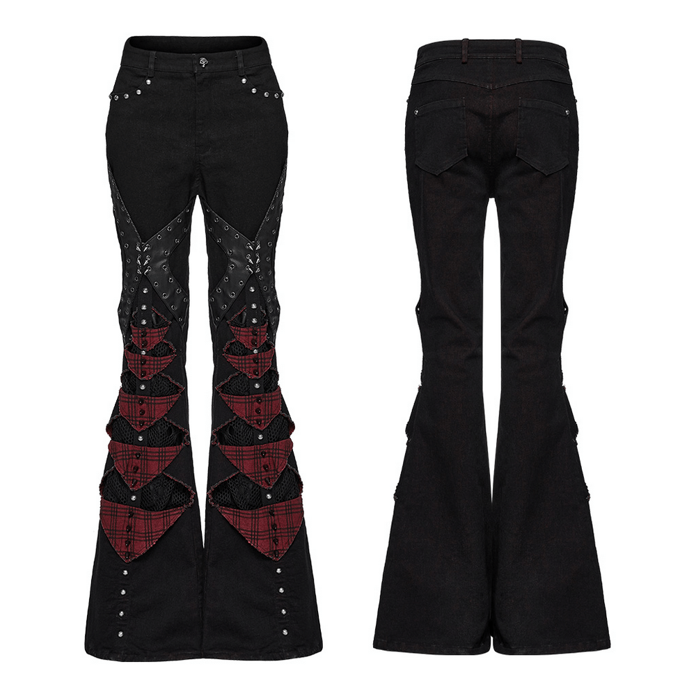 Black and Red Plaid Gothic Flared Pants with Studs
