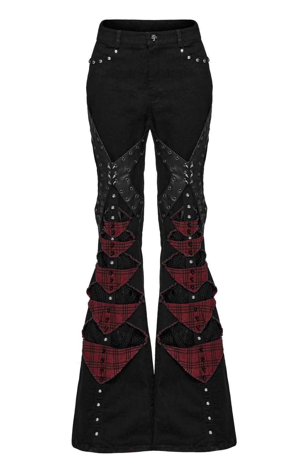 Black and Red Plaid Gothic Flared Pants with Studs