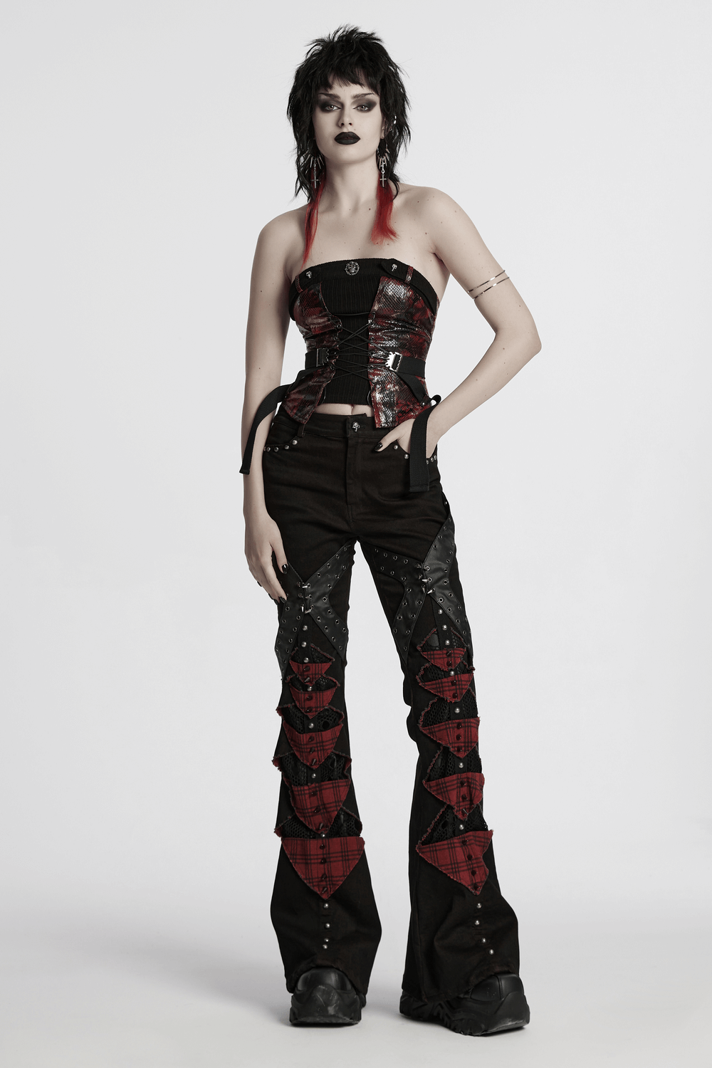 Black and Red Plaid Gothic Flared Pants with Studs