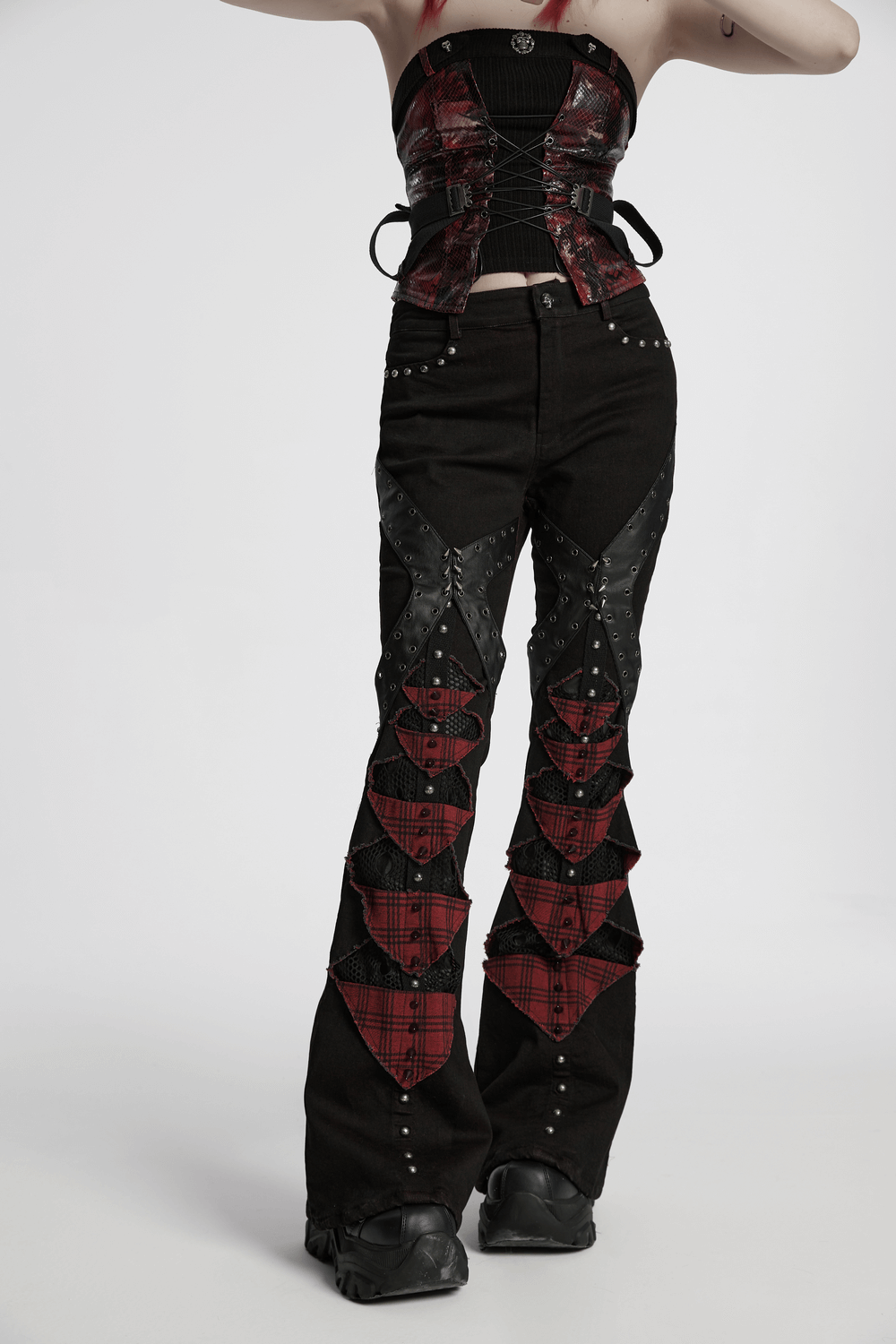 Black and Red Plaid Gothic Flared Pants with Studs