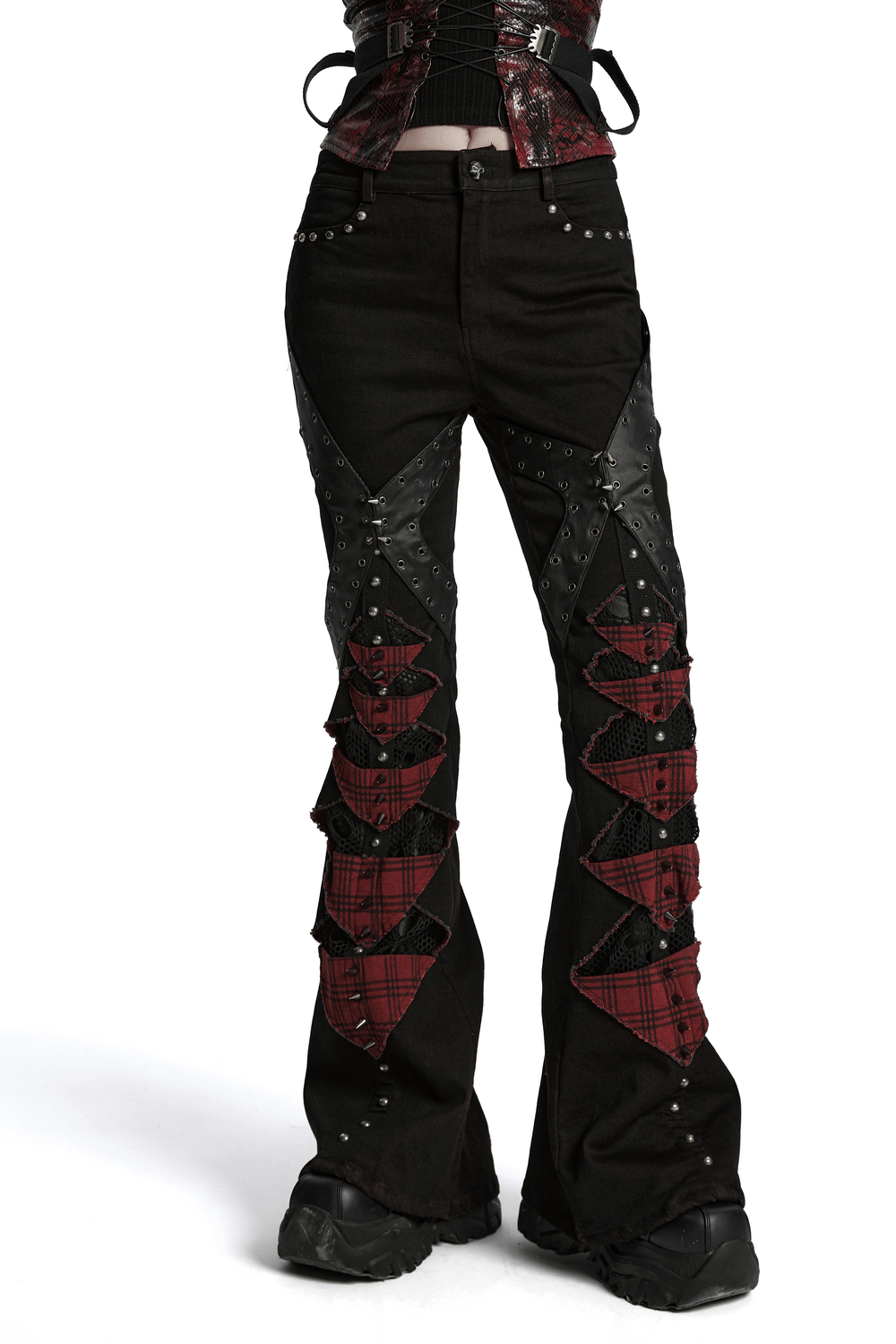 Black and Red Plaid Gothic Flared Pants with Studs