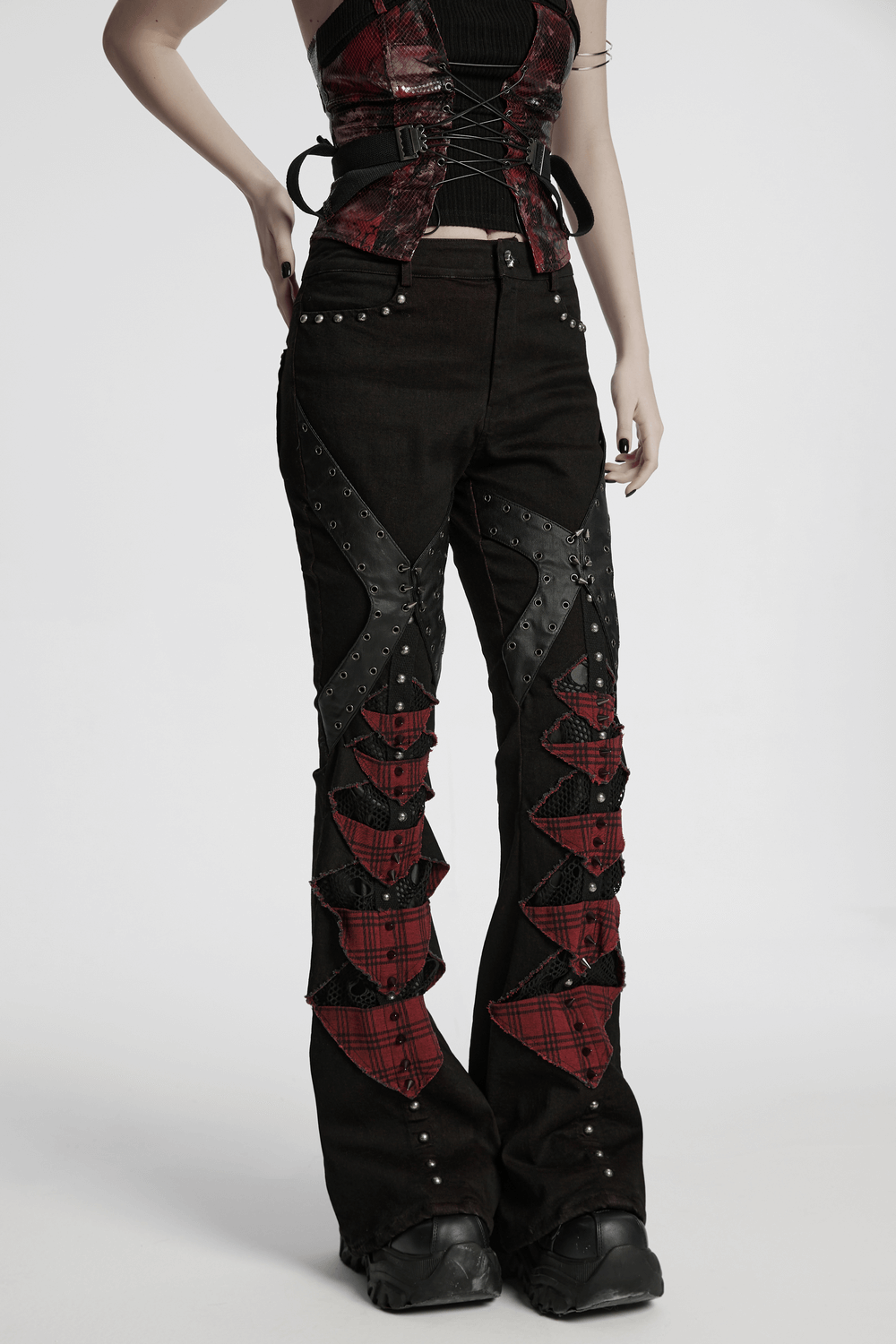 Black and Red Plaid Gothic Flared Pants with Studs