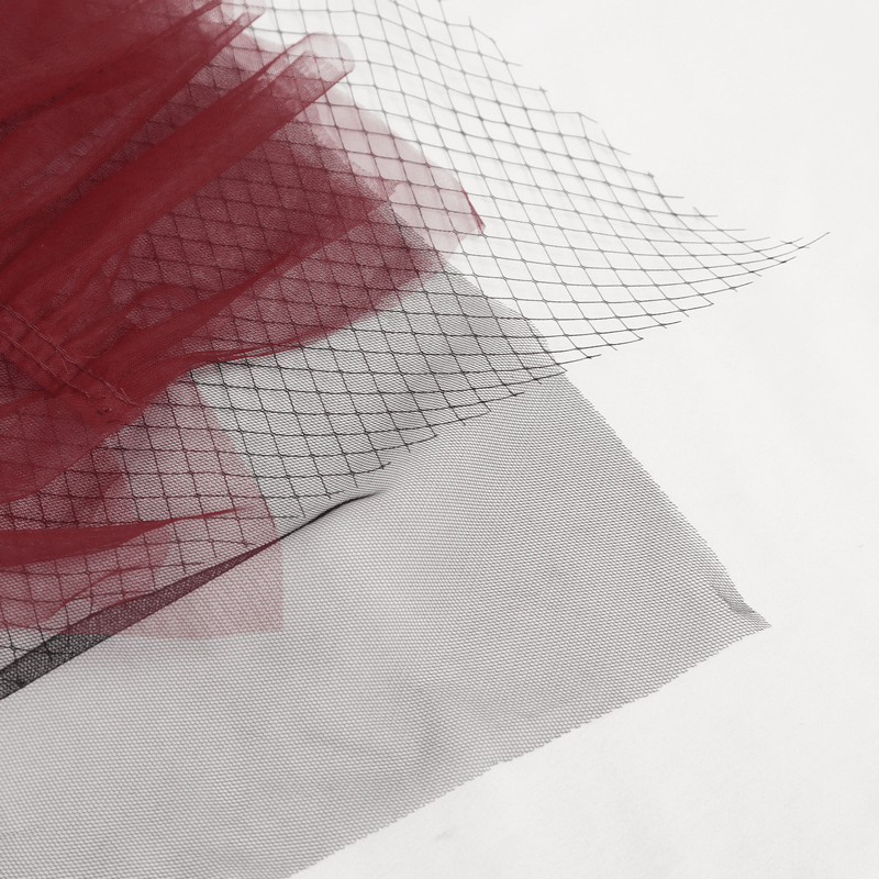 Black and Red Short Mesh Skirt / Gothic Style Elastic Waistband Skirt with Bowknot