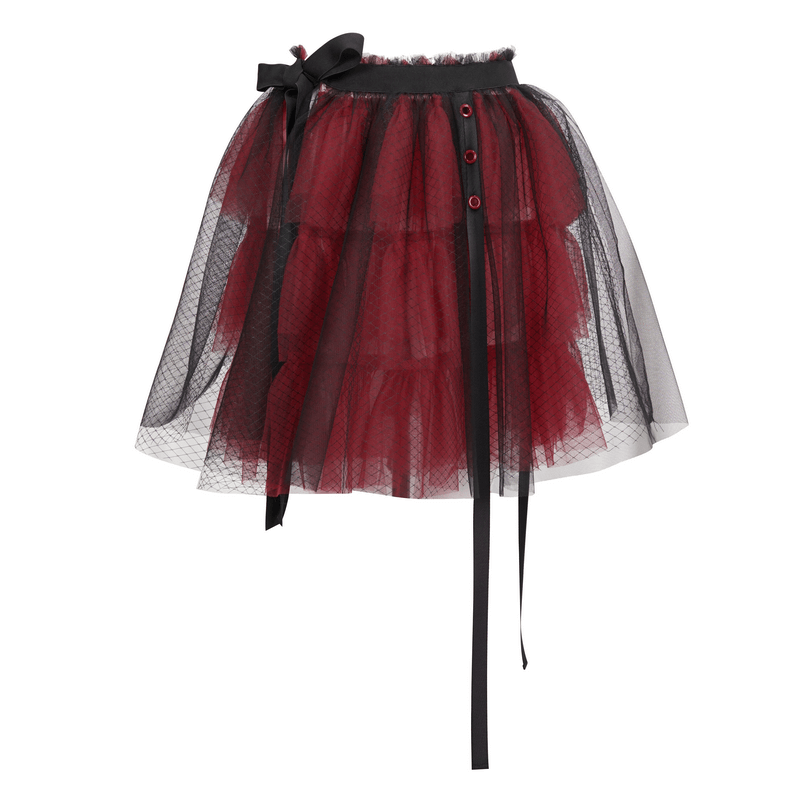 Black and Red Short Mesh Skirt / Gothic Style Elastic Waistband Skirt with Bowknot