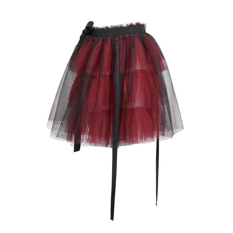 Black and Red Short Mesh Skirt / Gothic Style Elastic Waistband Skirt with Bowknot