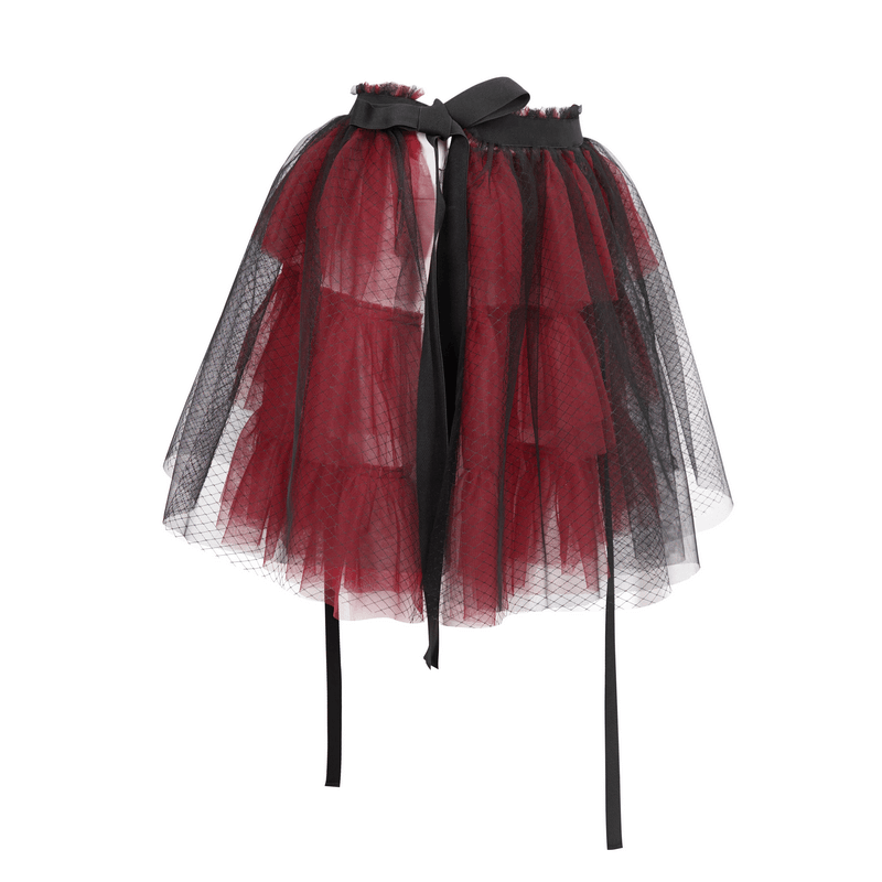 Black and Red Short Mesh Skirt / Gothic Style Elastic Waistband Skirt with Bowknot