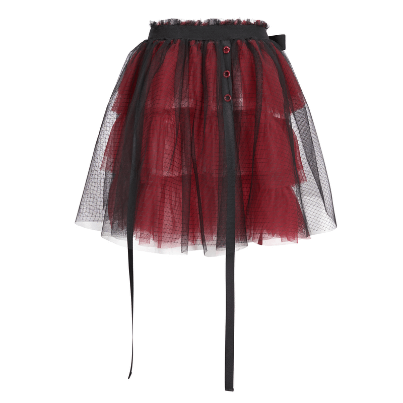 Black and Red Short Mesh Skirt / Gothic Style Elastic Waistband Skirt with Bowknot