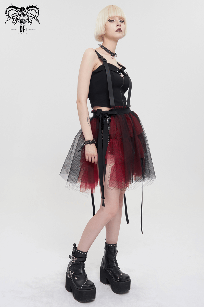 Black and Red Short Mesh Skirt / Gothic Style Elastic Waistband Skirt with Bowknot