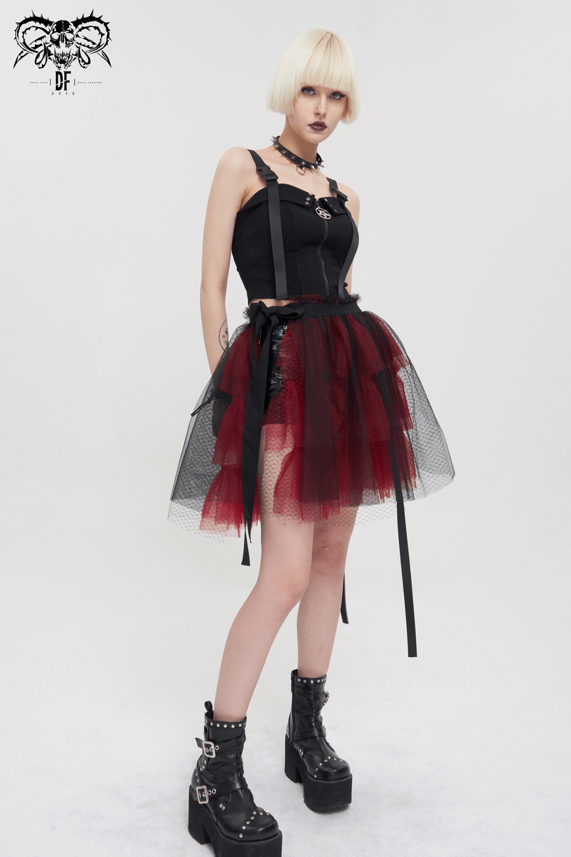 Black and Red Short Mesh Skirt / Gothic Style Elastic Waistband Skirt with Bowknot