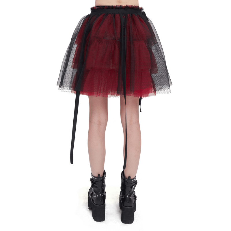 Black and Red Short Mesh Skirt / Gothic Style Elastic Waistband Skirt with Bowknot