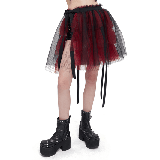 Black and Red Short Mesh Skirt / Gothic Style Elastic Waistband Skirt with Bowknot