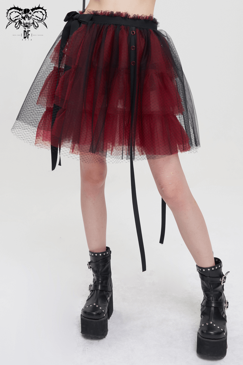 Black and Red Short Mesh Skirt / Gothic Style Elastic Waistband Skirt with Bowknot