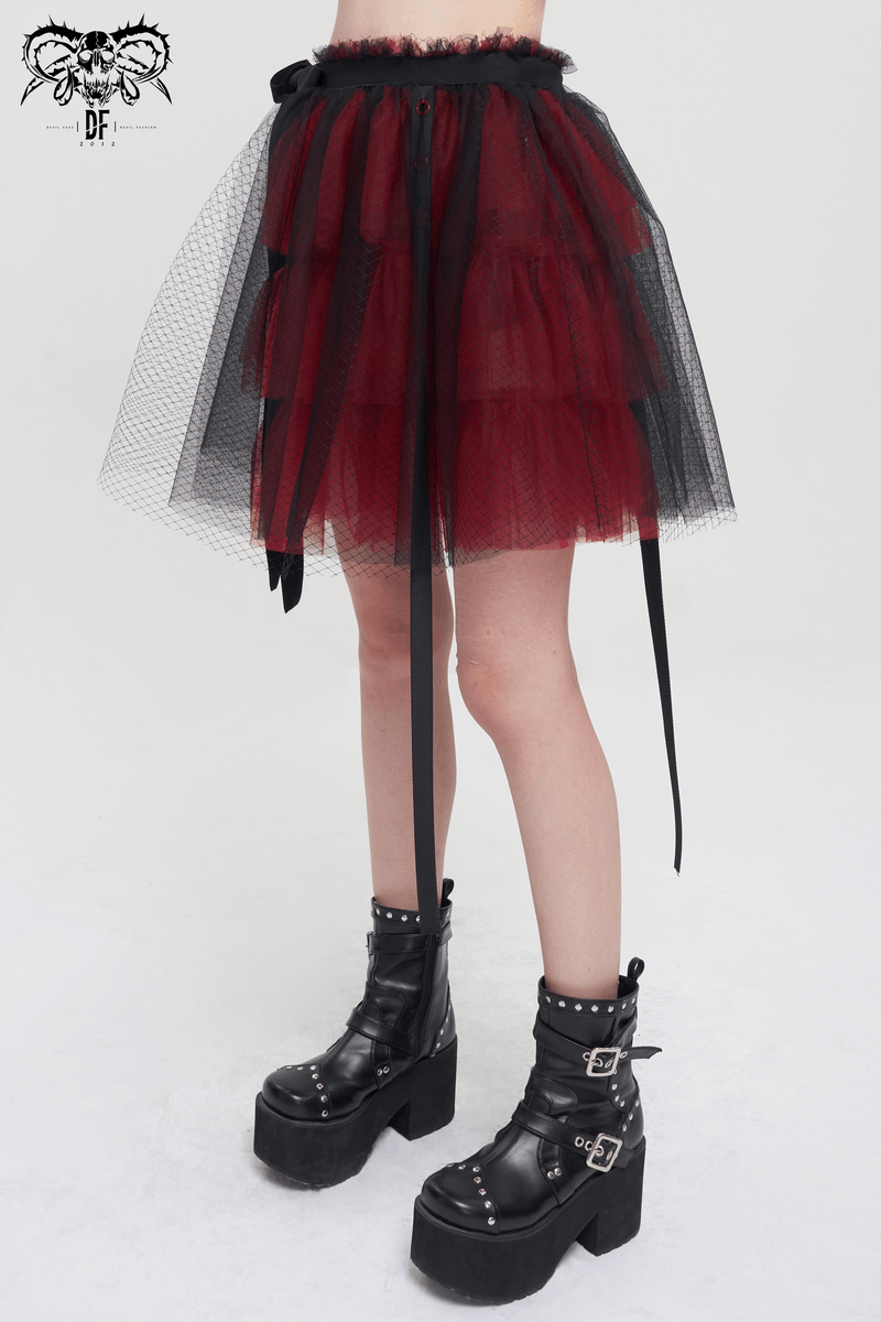 Black and Red Short Mesh Skirt / Gothic Style Elastic Waistband Skirt with Bowknot