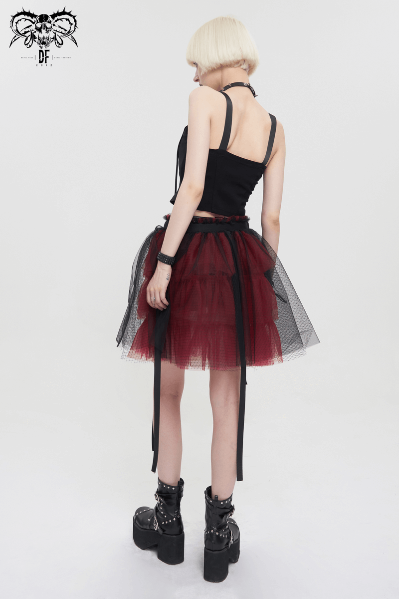 Black and Red Short Mesh Skirt / Gothic Style Elastic Waistband Skirt with Bowknot