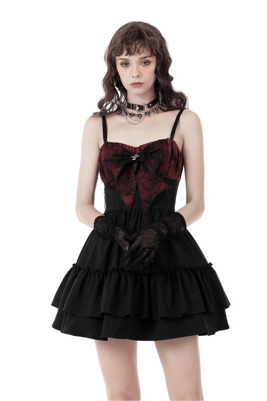 Black And Red Spiderweb Print Gothic Dress with Bow