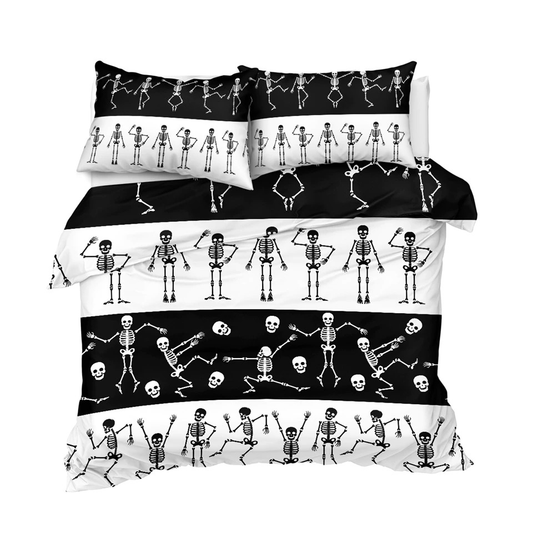 Black and white Bedding set with a print of small skeletons