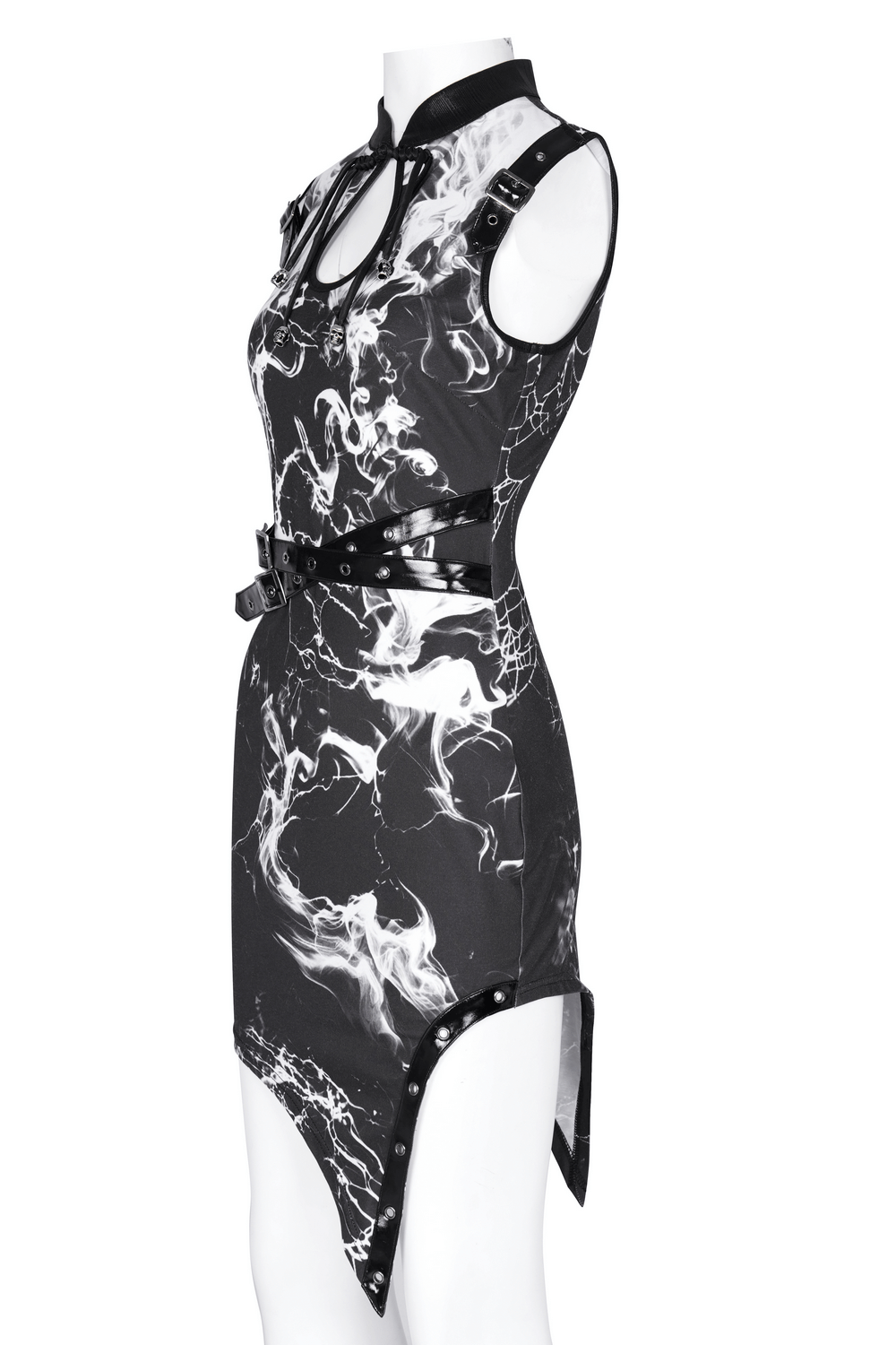 Black and White Gothic Asymmetrical Dress with Buckles