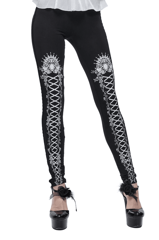 Black And White Gothic Patterned Long Legging / Stylish Lacing Elastic Leggings
