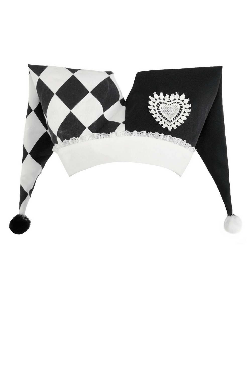 Black and White Harlequin Jester Hat with Lace Trim