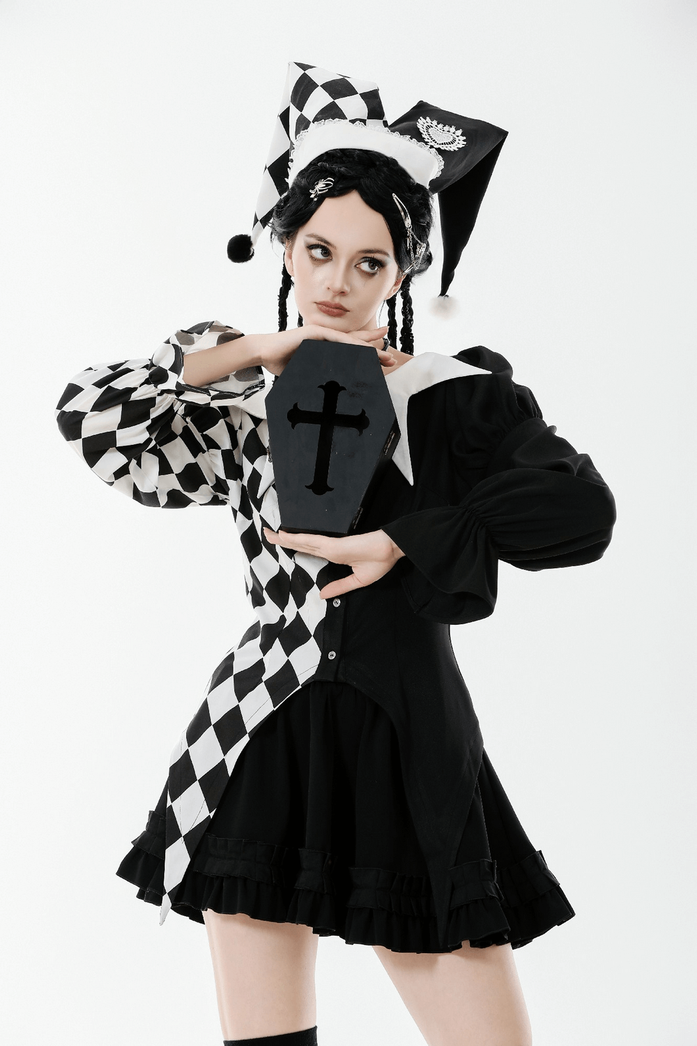 Black and White Harlequin Jester Hat with Lace Trim
