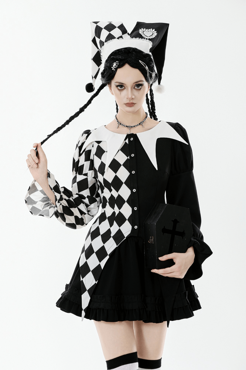 Black and White Harlequin Jester Hat with Lace Trim