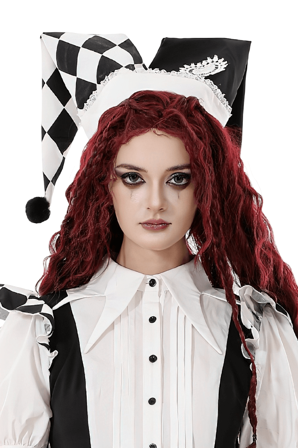 Black and White Harlequin Jester Hat with Lace Trim