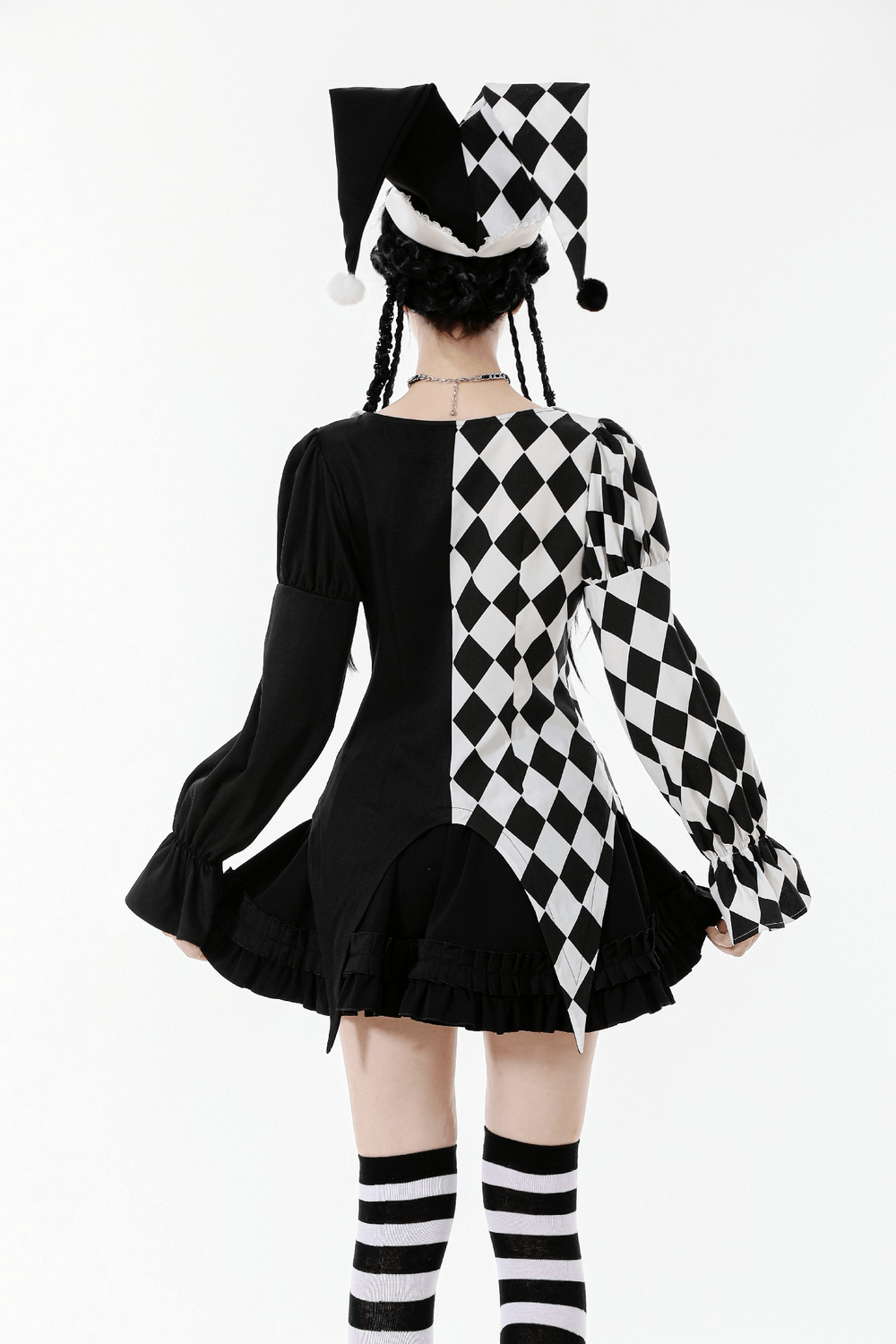 Black and White Harlequin Jester Hat with Lace Trim