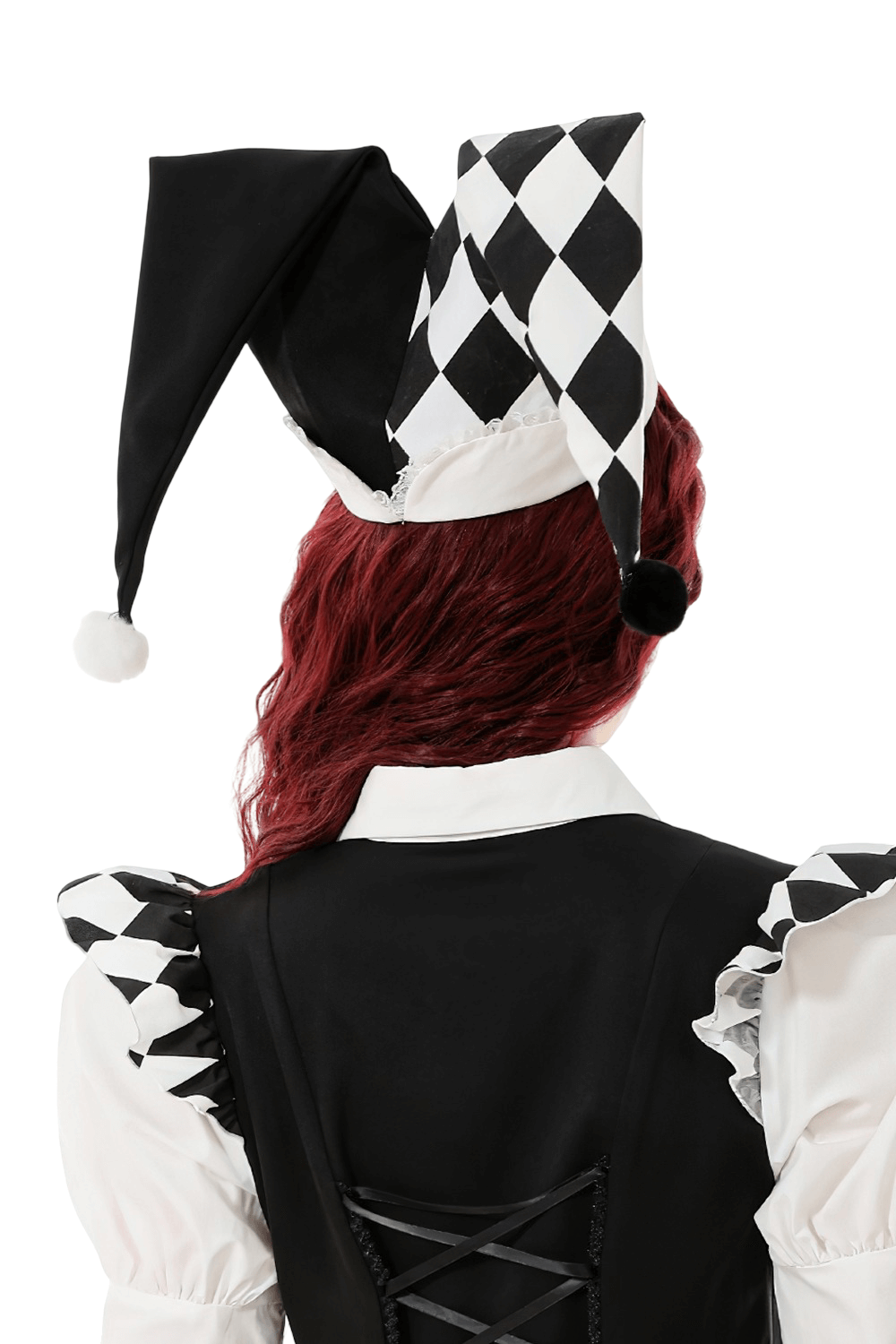 Black and White Harlequin Jester Hat with Lace Trim