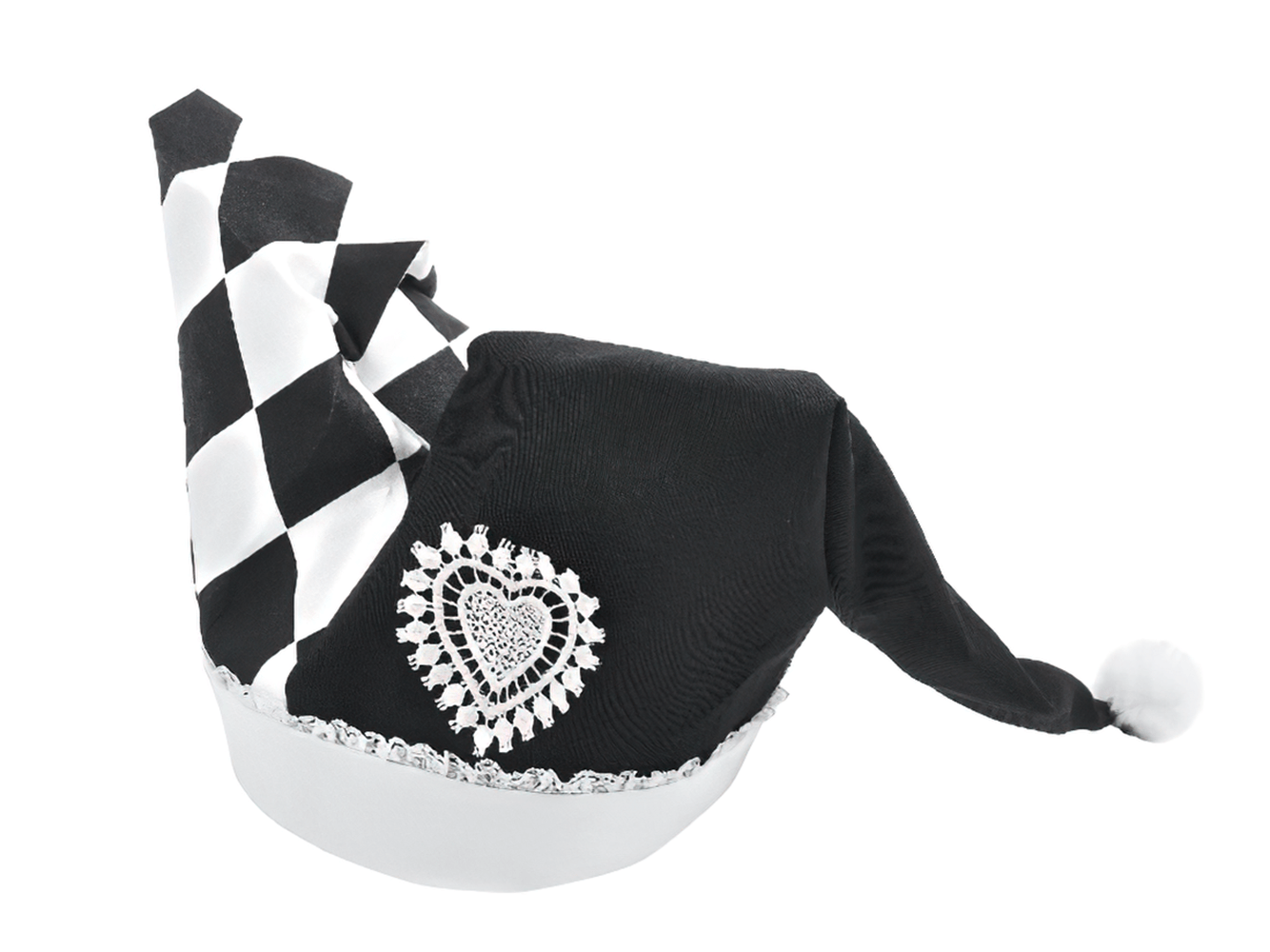 Black and White Harlequin Jester Hat with Lace Trim