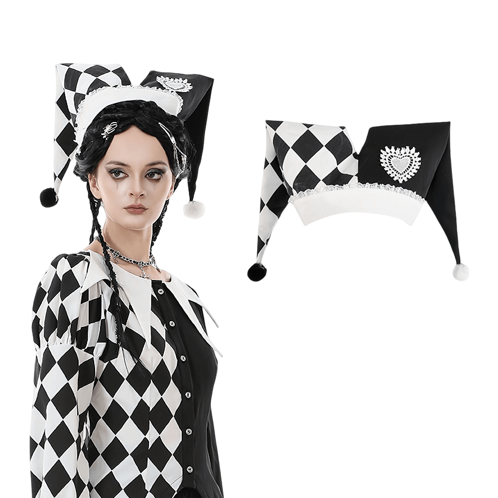 Black and White Harlequin Jester Hat with Lace Trim