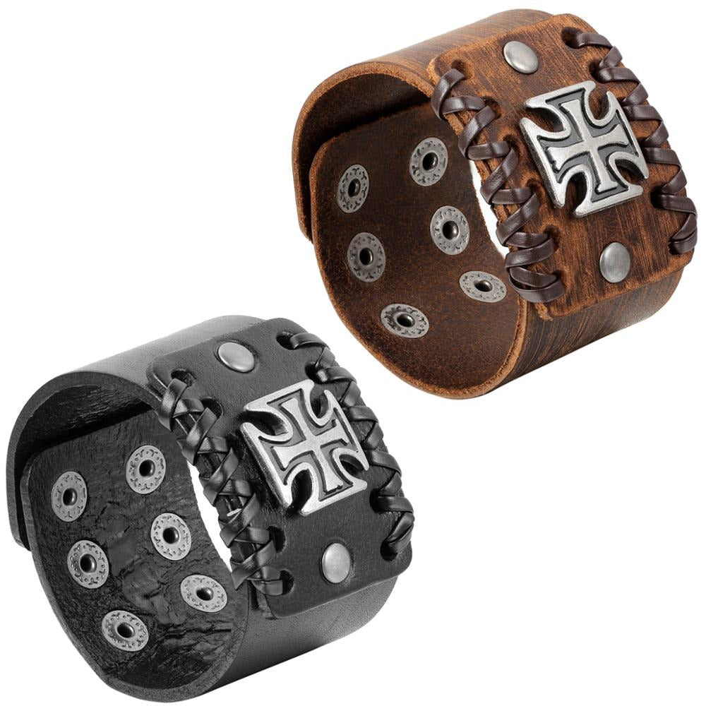 Rock Fashion 4.4CM Wide Brown and Black Leather Bracelet with Celtic Cross on Front