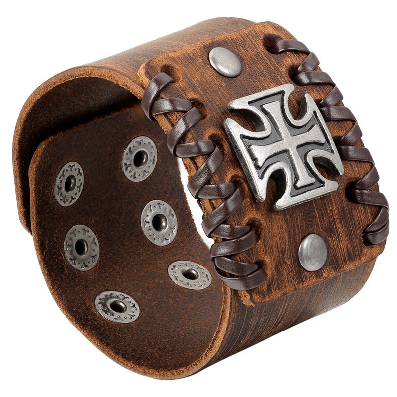 Rock Fashion 4.4CM Wide Brown and Black Leather Bracelet with Celtic Cross on Front