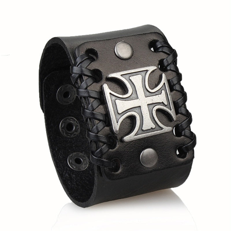 Rock Fashion 4.4CM Wide Brown and Black Leather Bracelet with Celtic Cross on Front